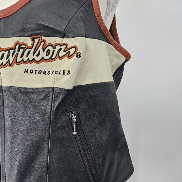 HARLEY DAVIDSON black VEST motorcycle GENUINE LEATHER pockets ZIPPER biker ORANG - Picture 5 of 15